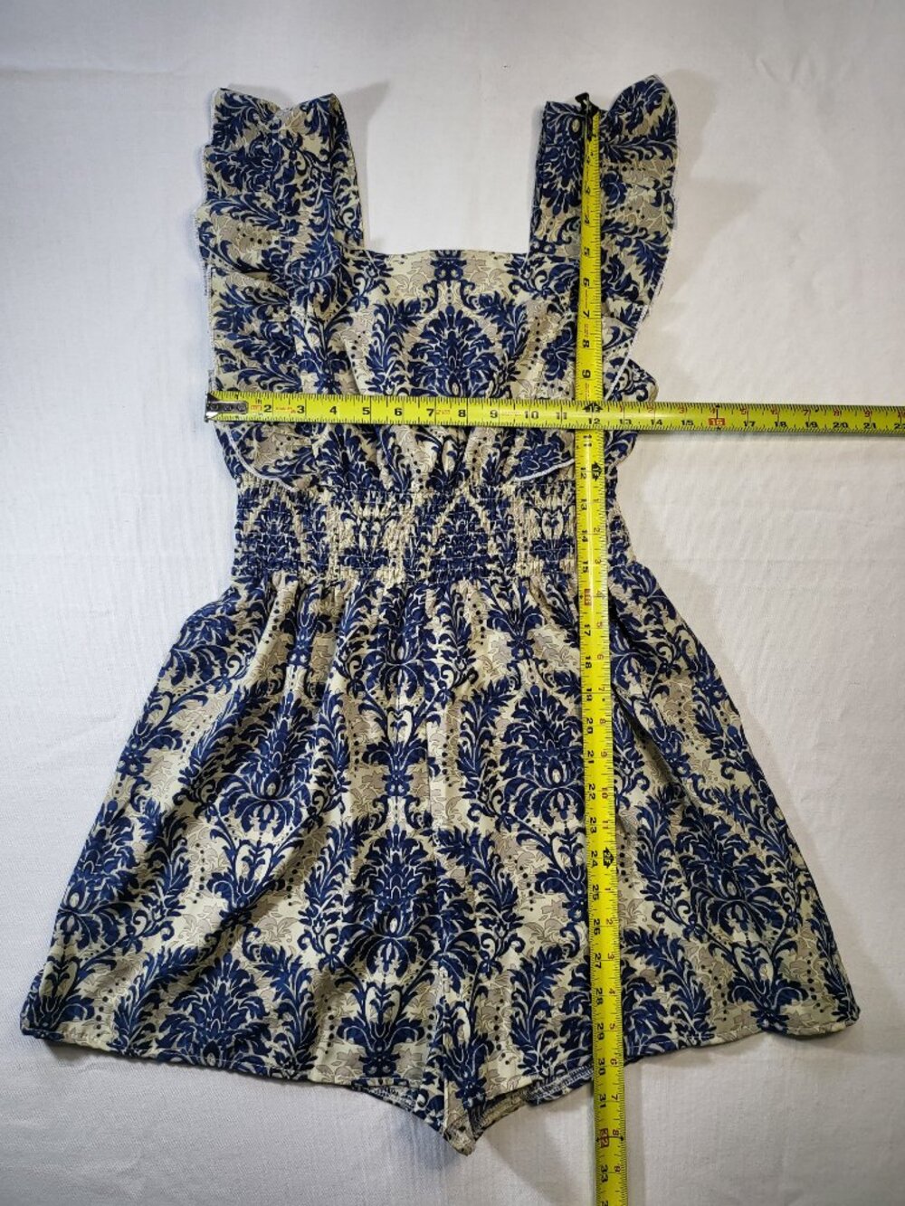 SHEIN Blue & White Damask Ruffle Strap Smocked Romper – Size M‎ (US 6) - Picture 7 of 8